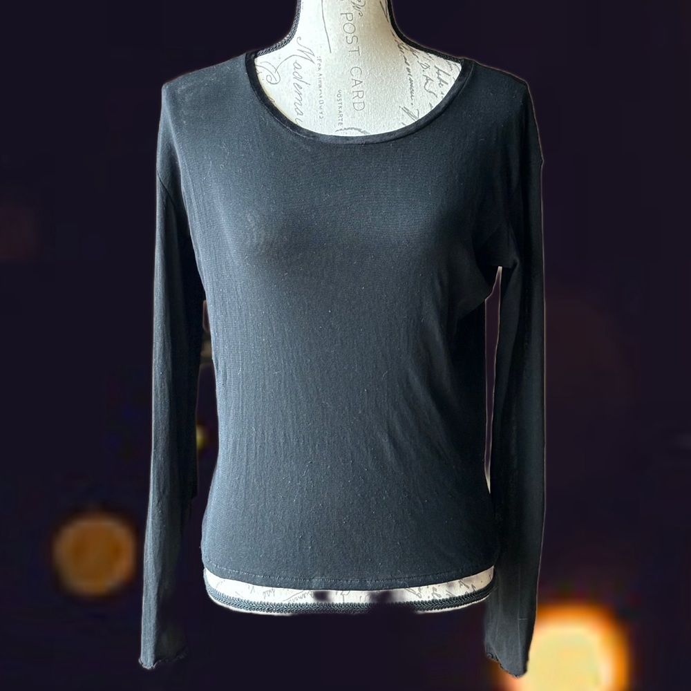 The Limited -  Black Scoop Neck Double-Layered Nylon Top, Sheer Sleeves (L)